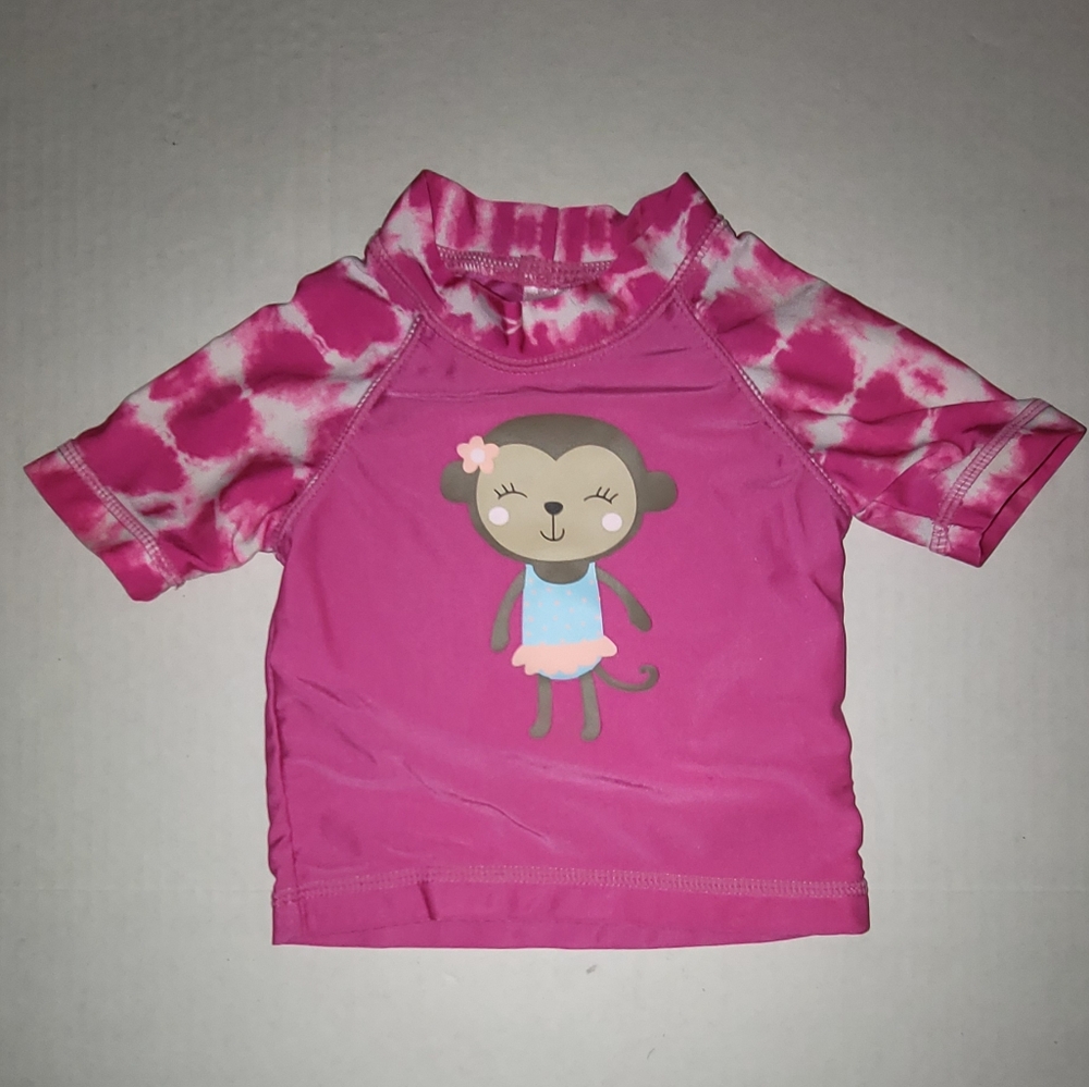 Carters pink short sleeve rash guard swim shirt monkey tye dye design